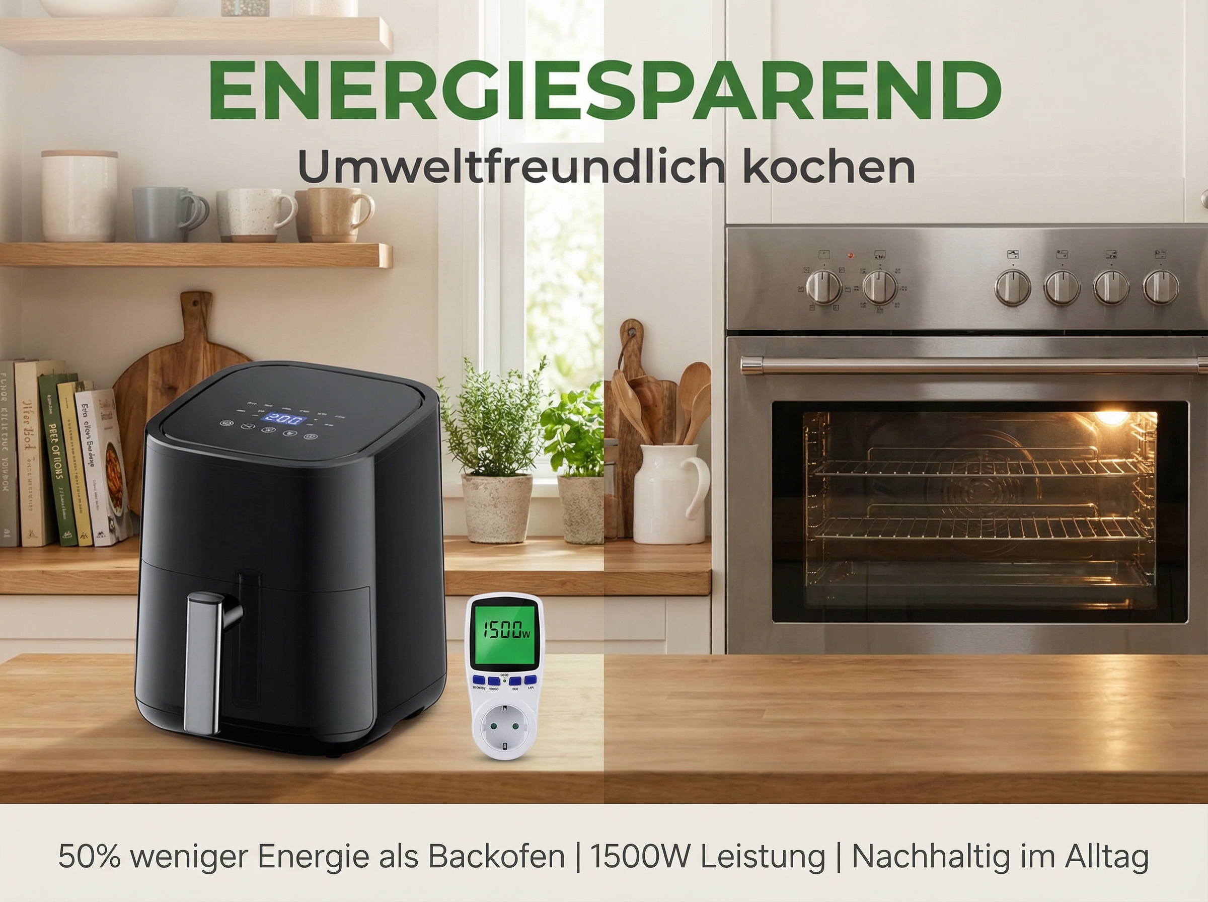 Schwarzer Airfryer und Steckdosen-Strommessgerät neben einem Ofen.