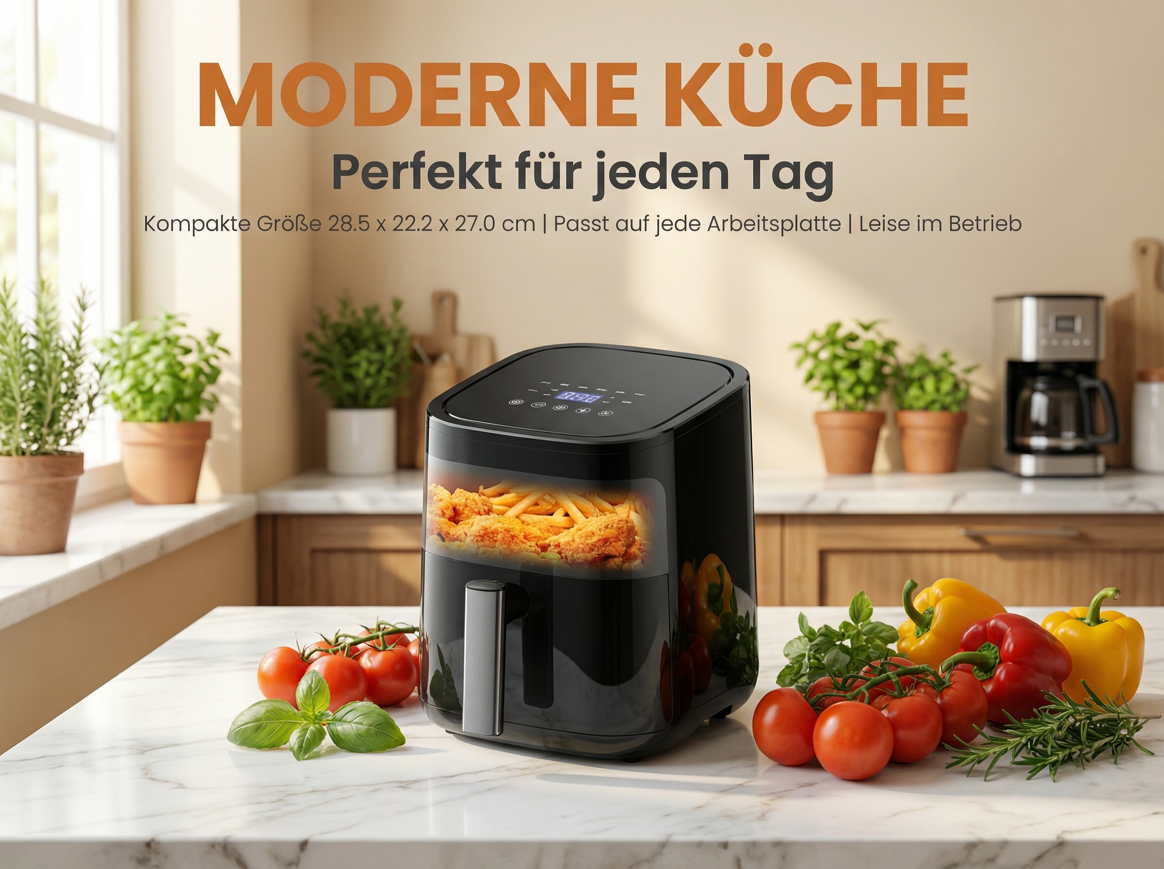 Schwarze Heißluftfritteuse mit Pommes und Hähnchen, daneben Gemüse auf Marmorplatte.