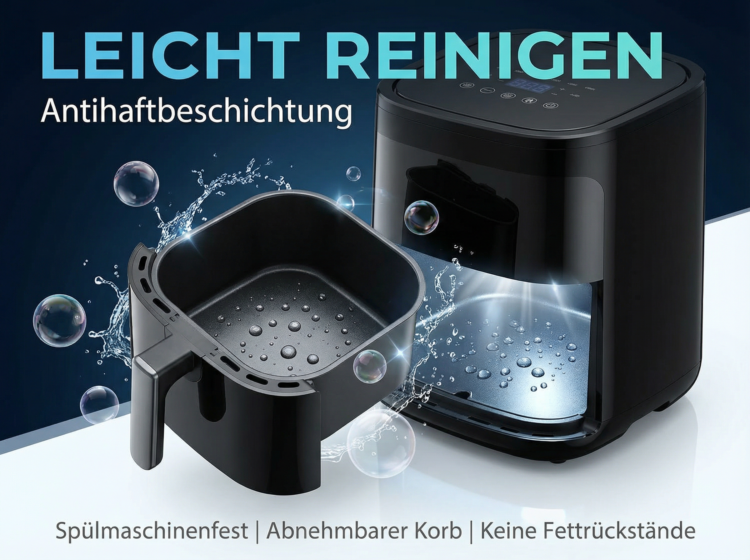 Ein schwarzer Luftfritteuse mit herausgenommenem Korb, Wasser und Blasen.