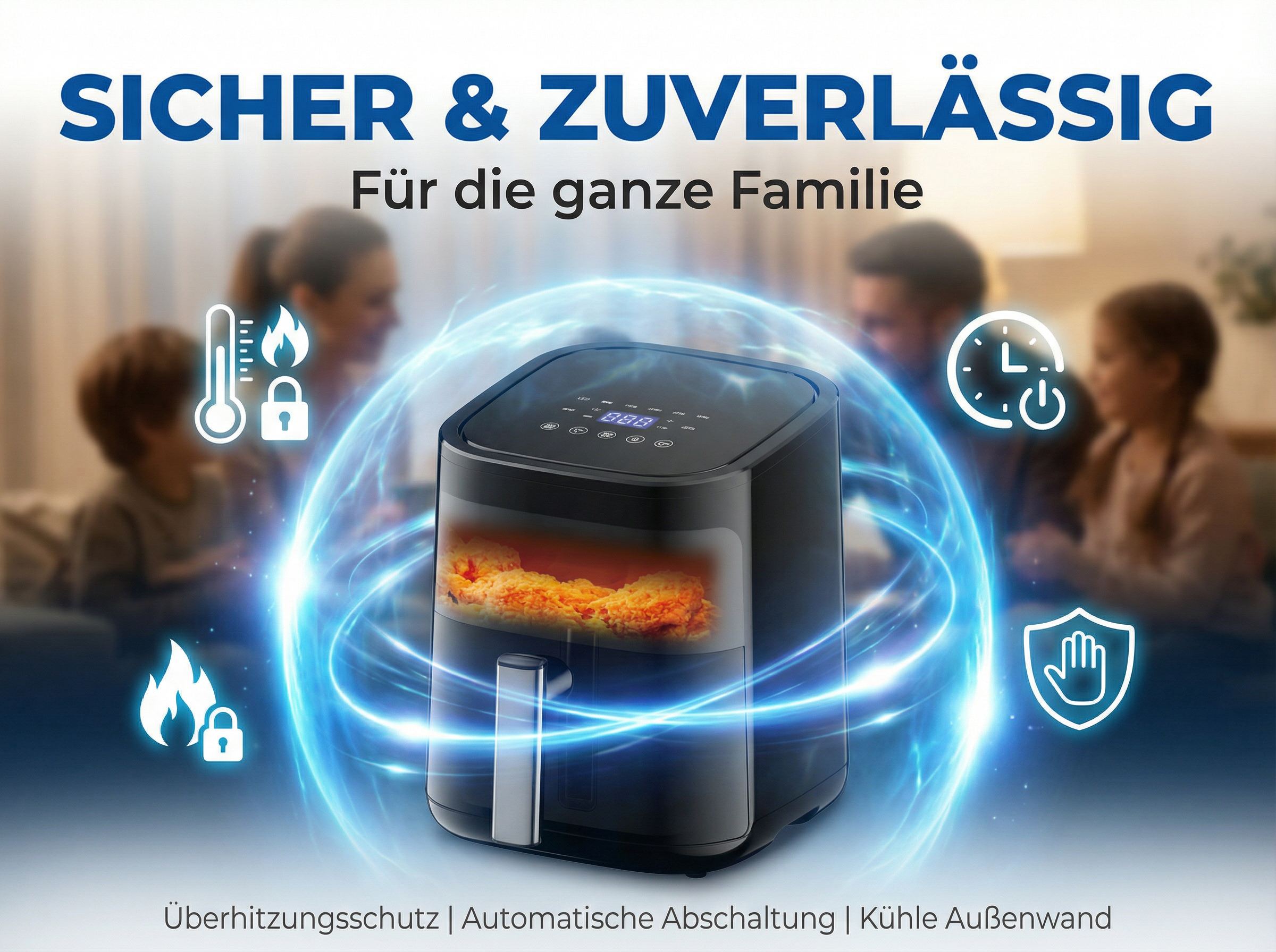 Airfryer mit Familie im Hintergrund, mit Symbolen für Sicherheit & Timer.