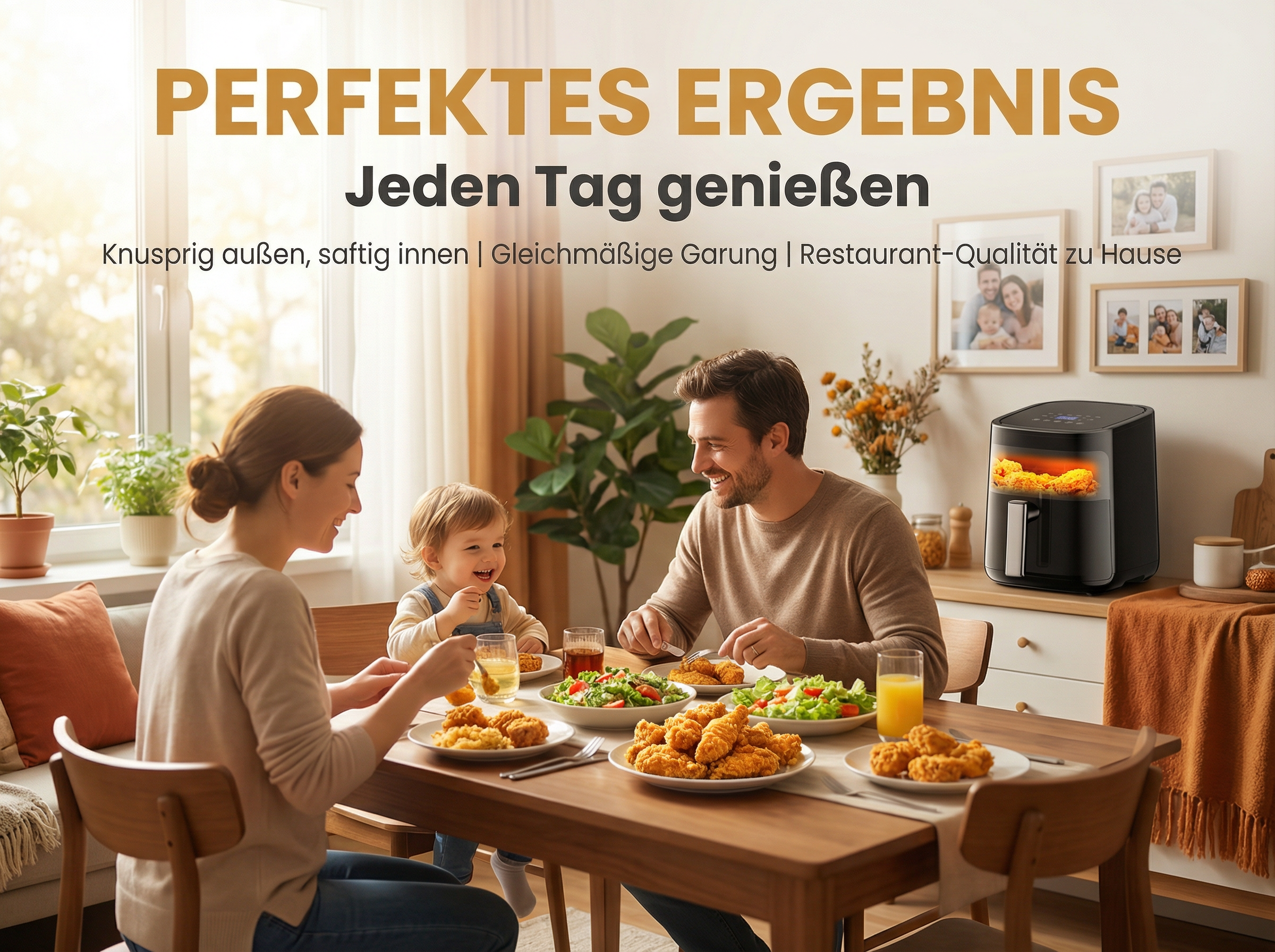 Eine Familie isst knuspriges Hähnchen und Salat am Tisch.