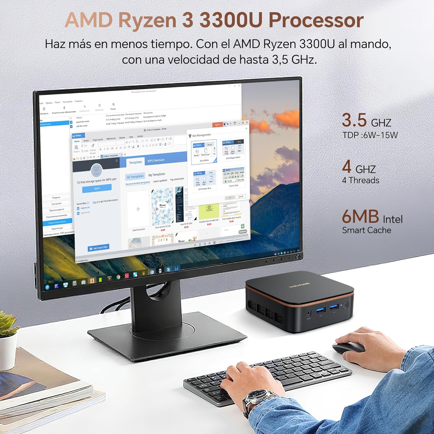 Un mini PC con AMD Ryzen 3 3300U, monitor, teclado y ratón. Especificaciones al lado.