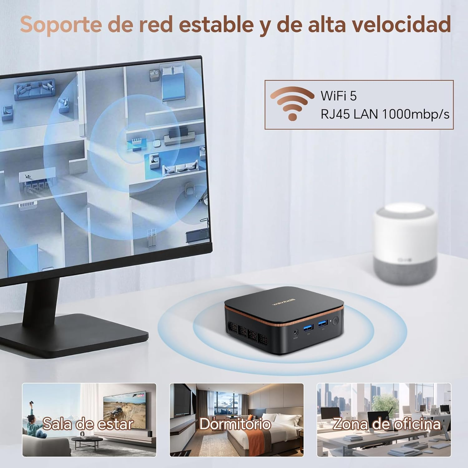 Un ordenador negro pequeño con WiFi 5 y RJ45 LAN 1000mbps.