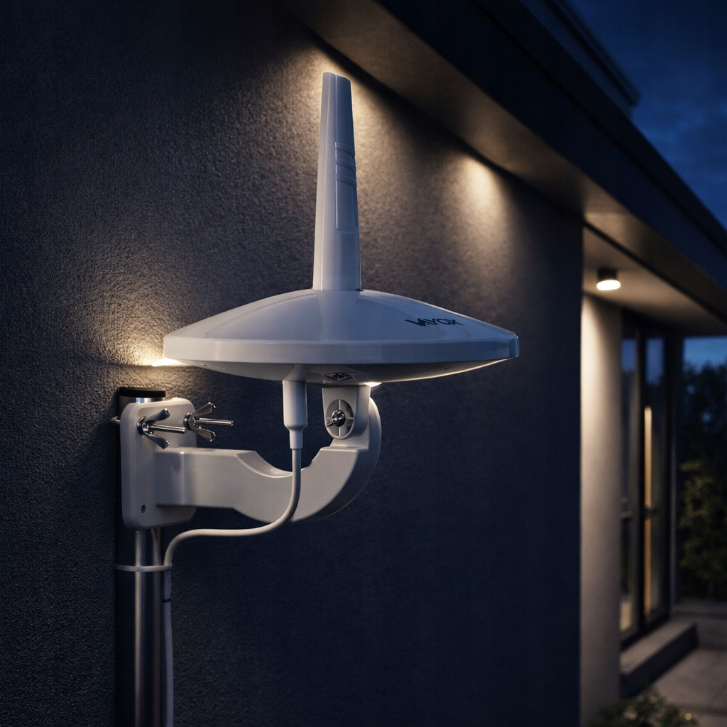 Biała antena zamontowana na ciemnej ścianie o zmierzchu, oświetlona ciepłymi światłami.