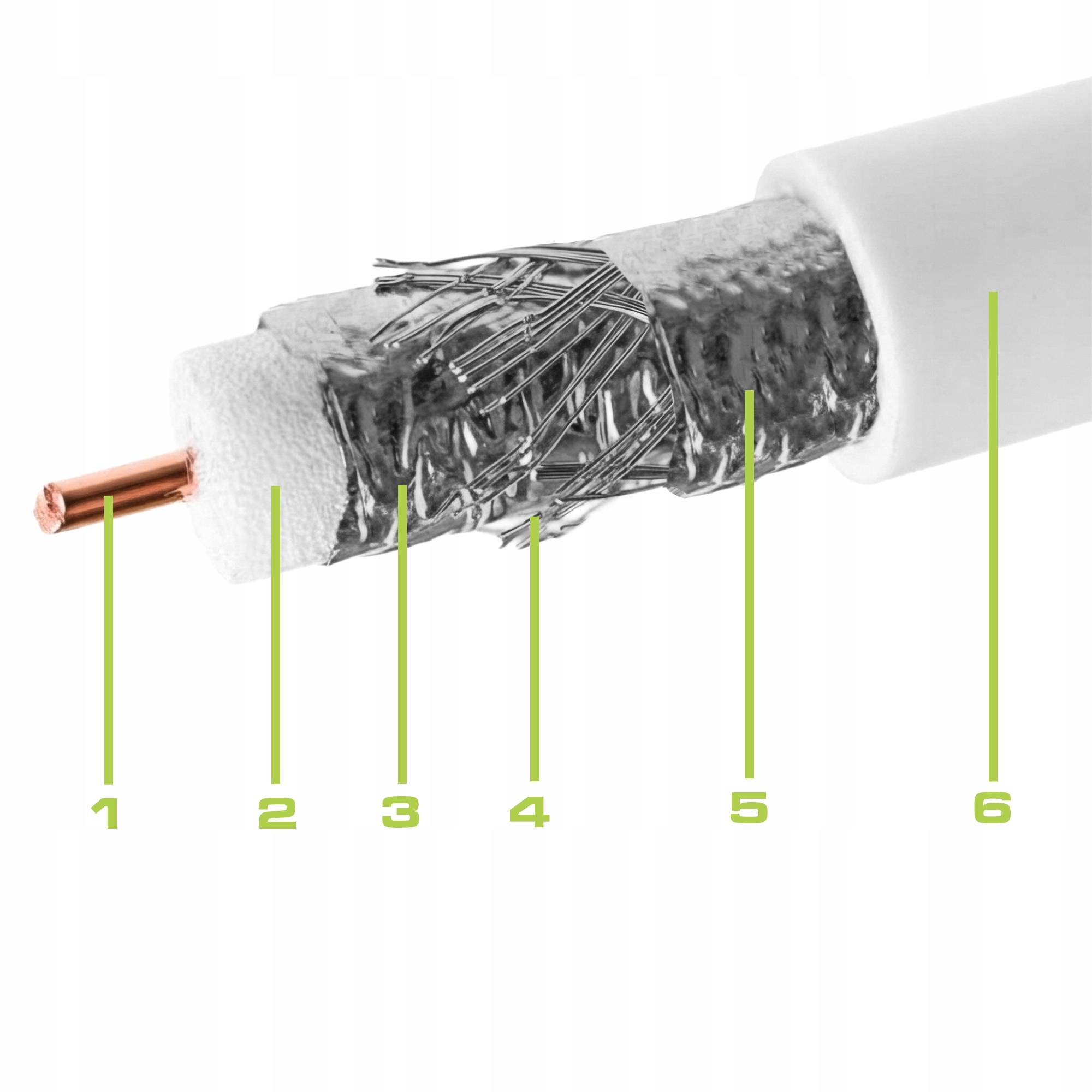 Zbliżenie przekroju kabla koncentrycznego, pokazujące miedziany przewodnik, izolator, folię, oplot.
