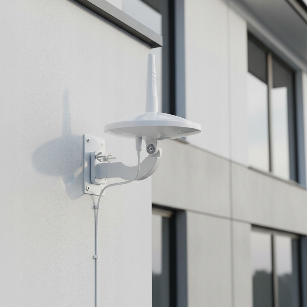 Biała antena z okrągłym reflektorem jest zamontowana na białej ścianie.