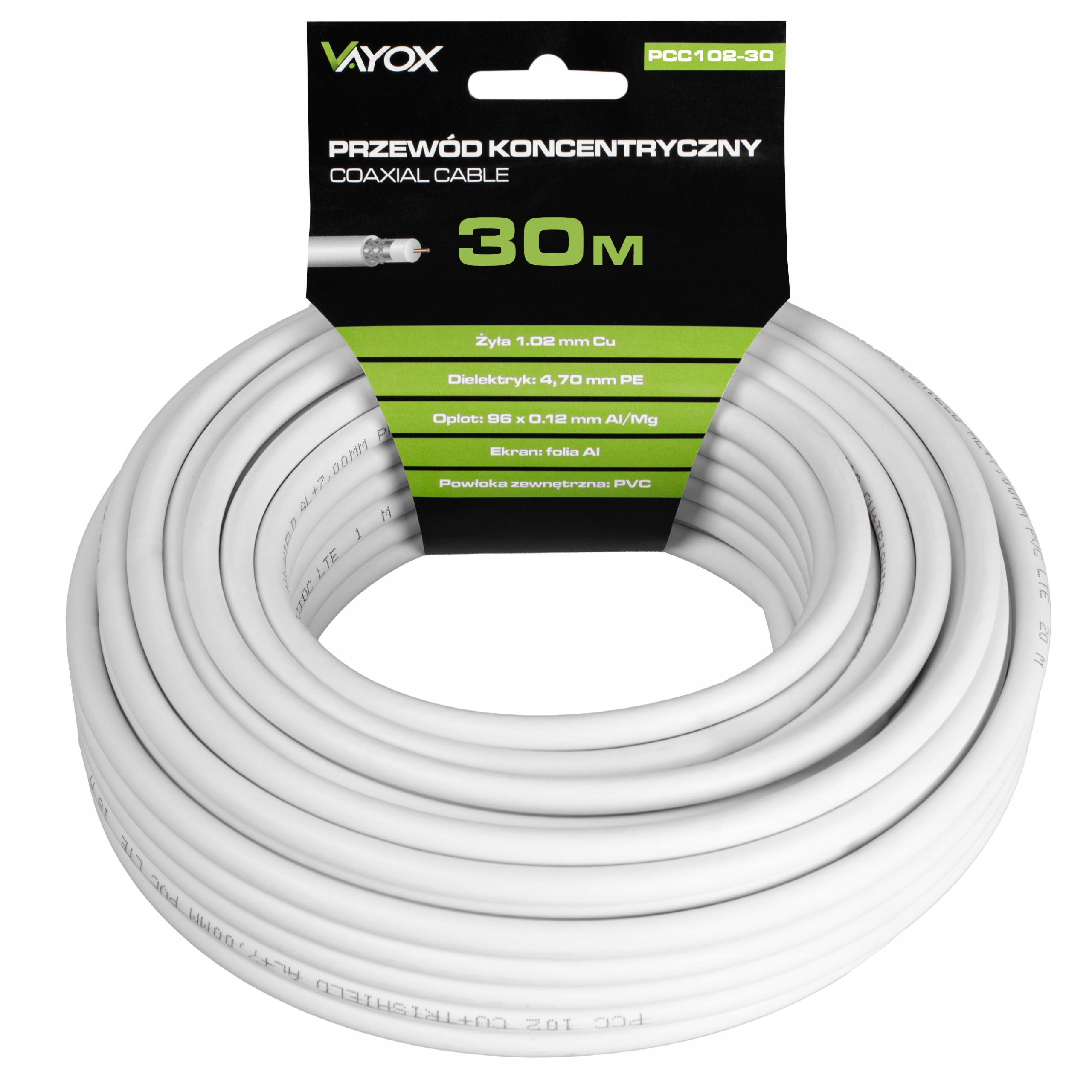 Biały kabel koncentryczny 30m, zapakowany z informacjami o produkcie.