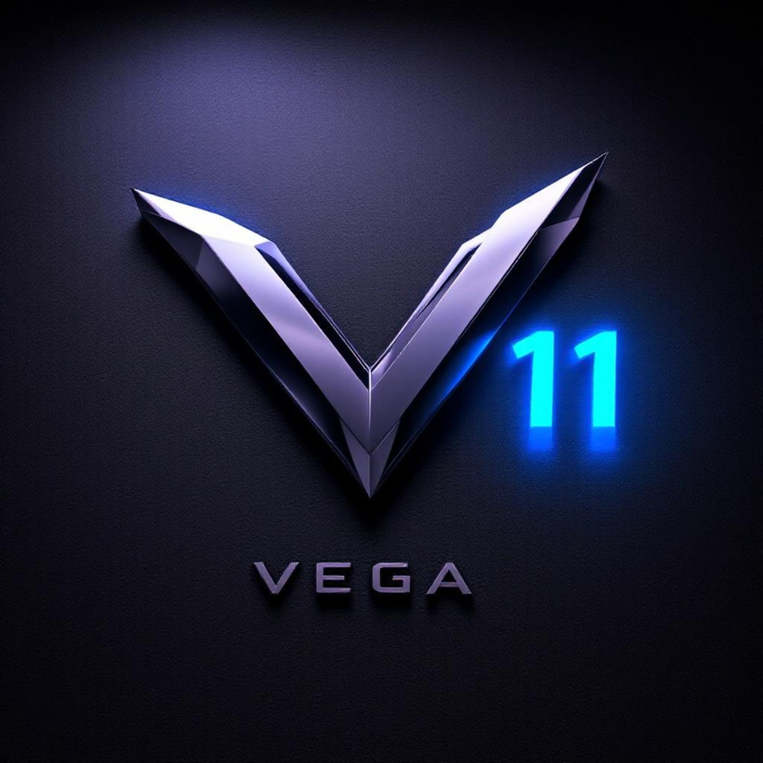 El logo VEGA 11 presenta una V metálica con brillo azul, sobre un fondo oscuro y texturizado.