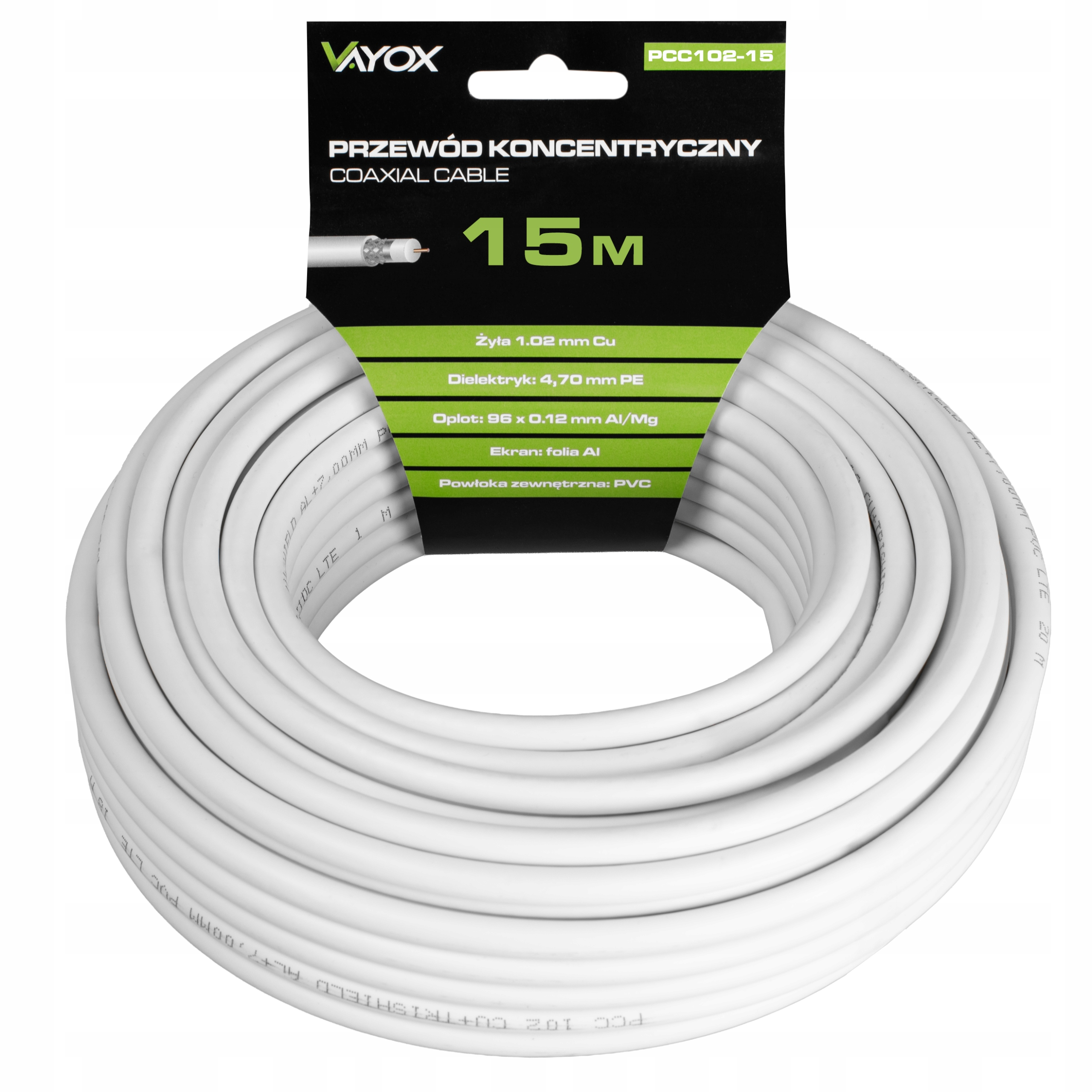 Biały kabel koncentryczny 15m, marka VAYOX, model PCC102-15.