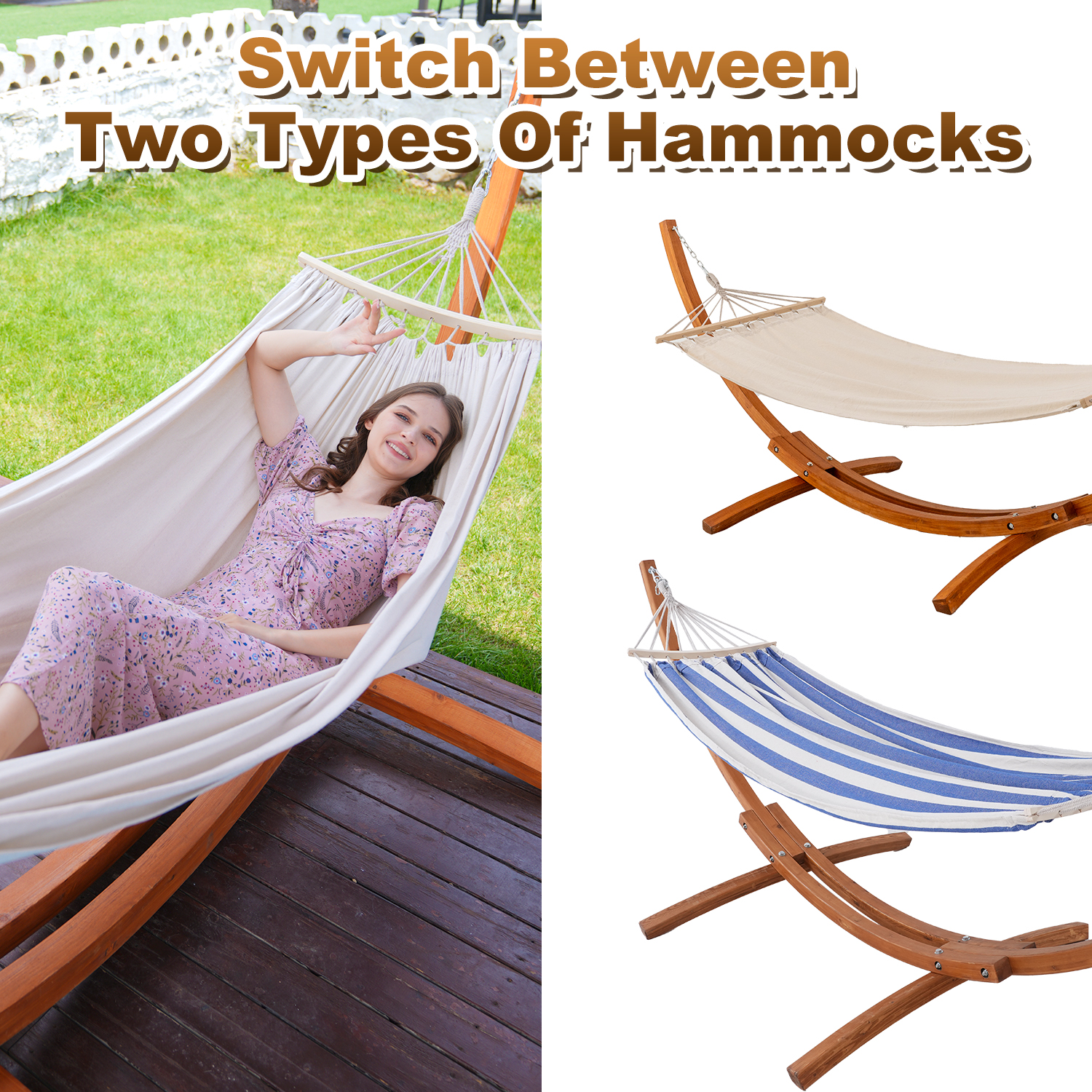 Kobieta leży w hamaku na zewnątrz, obok dwa hamaki na stojakach.