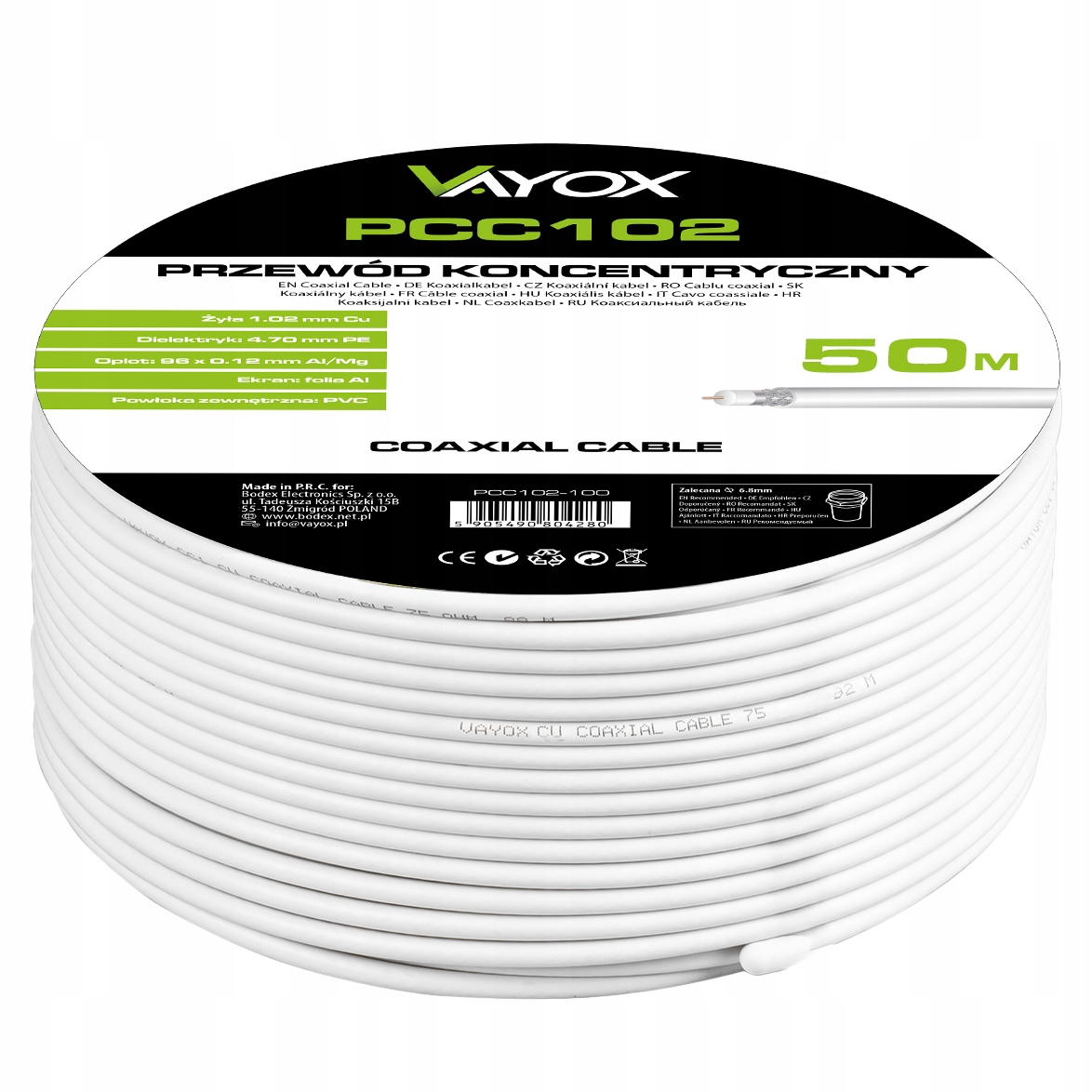 Biały kabel koncentryczny Vayox, rolka 50m, model PCC102, z żyłą miedzianą.