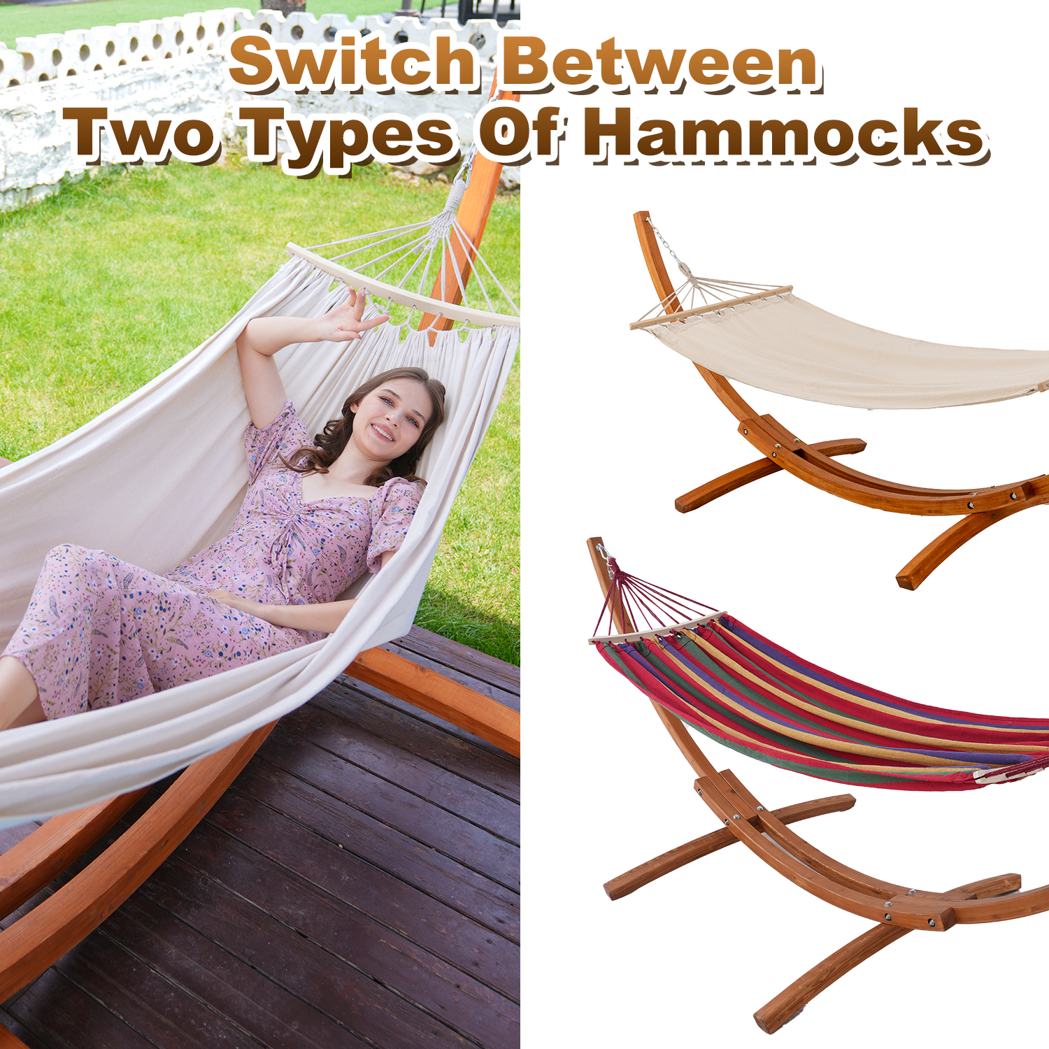 Kobieta relaksuje się w białej hamace. Pokazano dwie hamaki na stojakach.