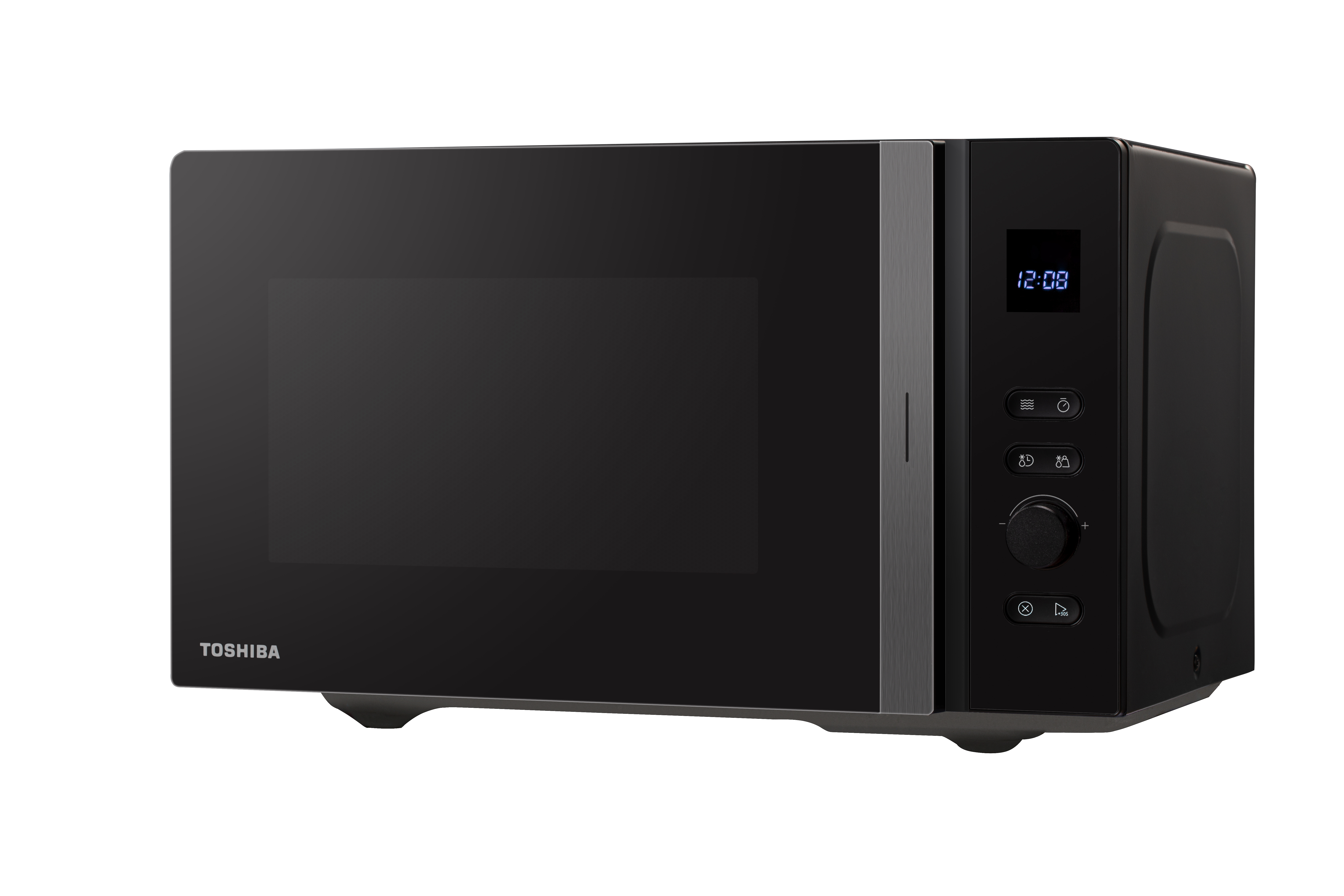 Forno a microonde Toshiba nero con display digitale e pannello di controllo.
