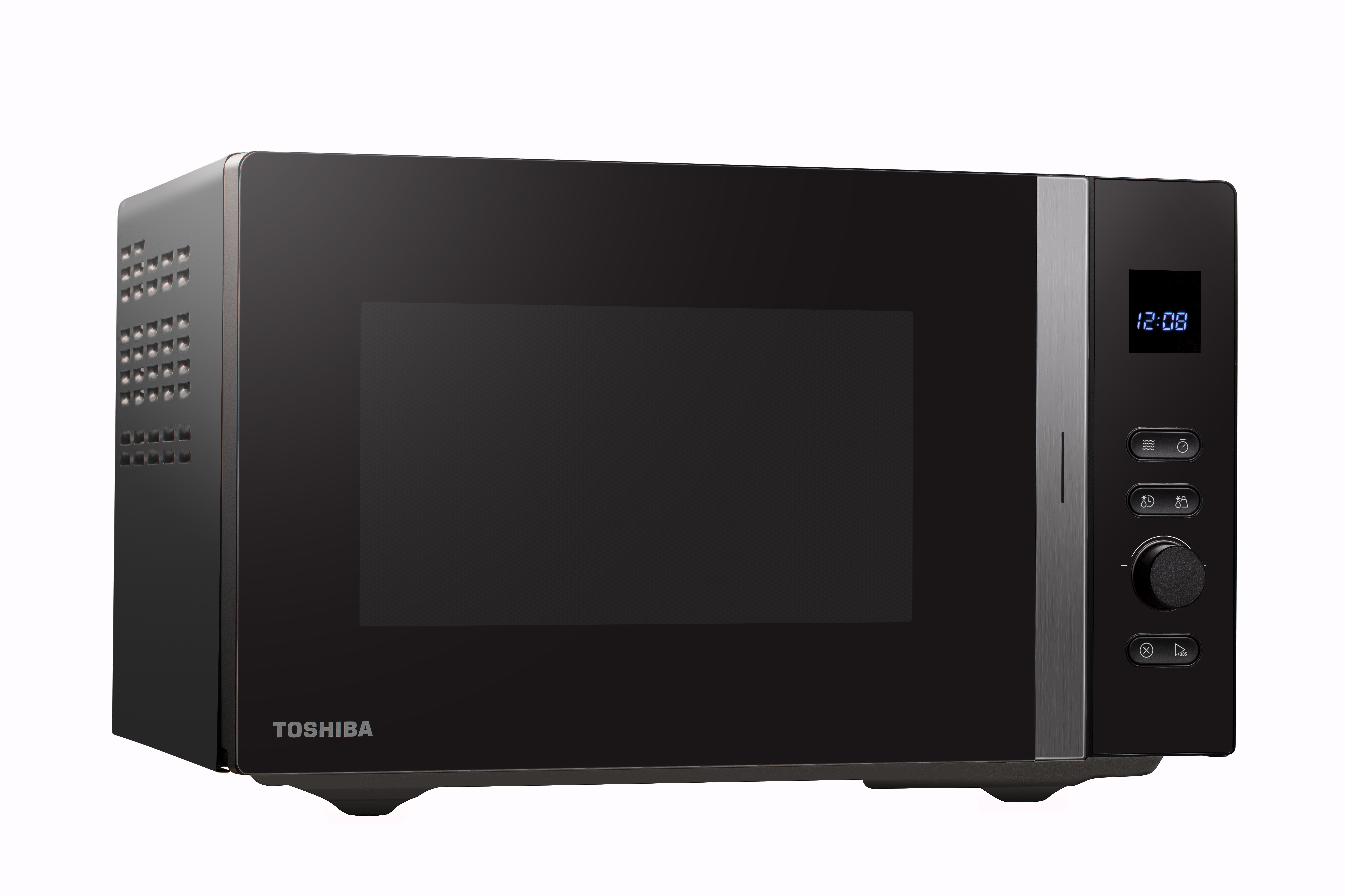 Forno a microonde Toshiba nero con display digitale e pannello di controllo.