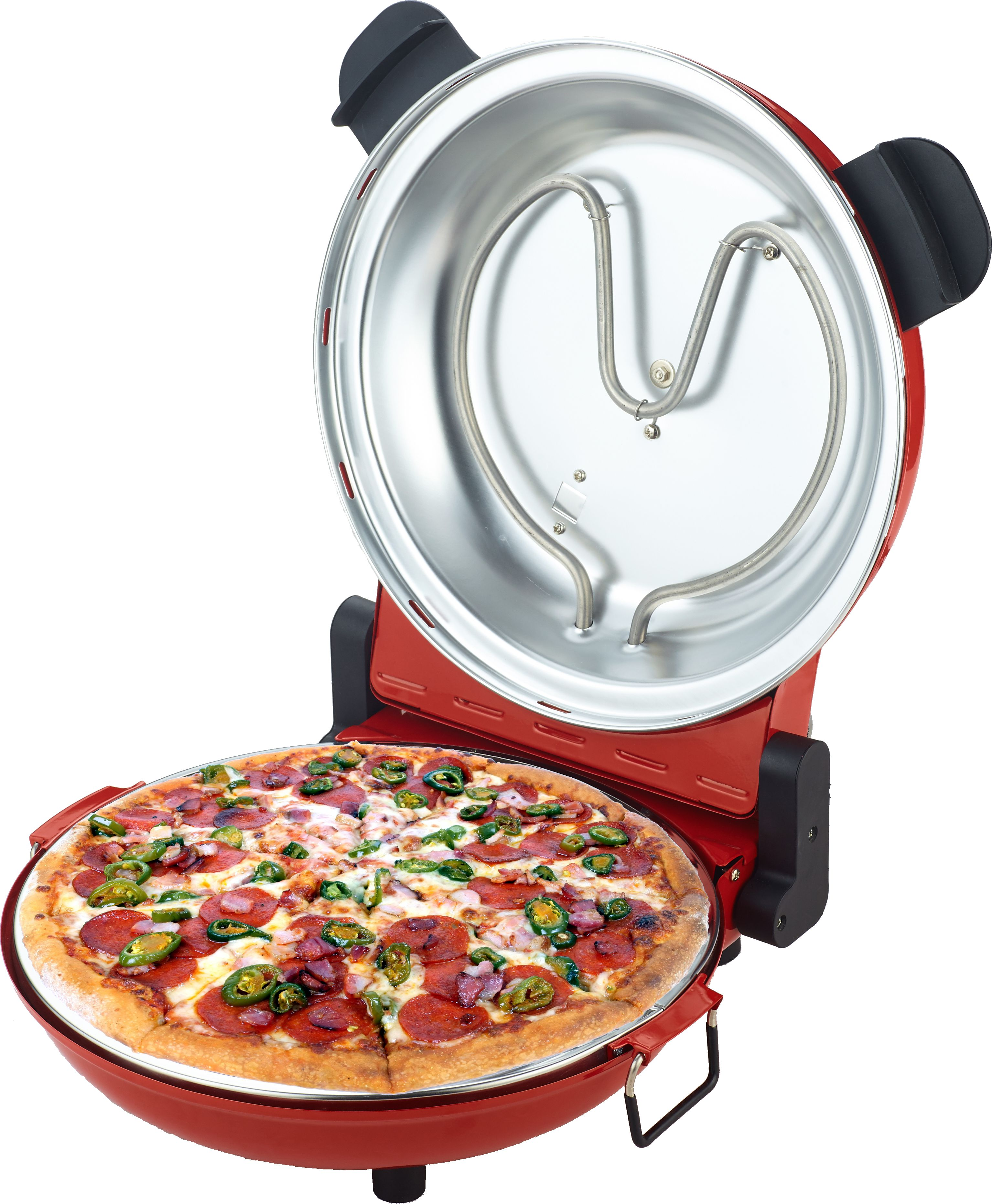 Forno per pizza rosso con coperchio aperto. Dentro, una pizza pepperoni con jalapeños.