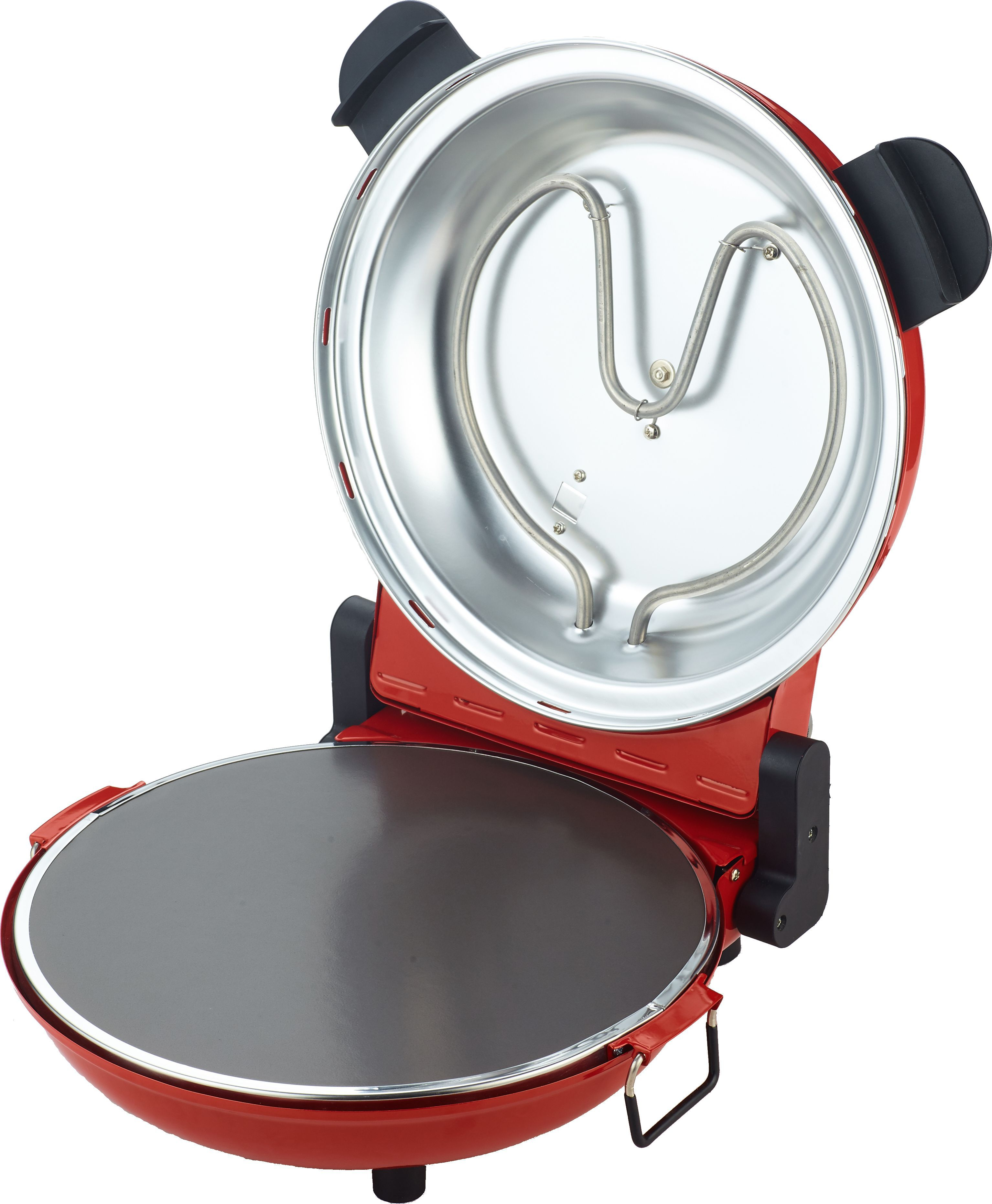 Forno per pizza rosso con coperchio aperto, elemento riscaldante argentato.
