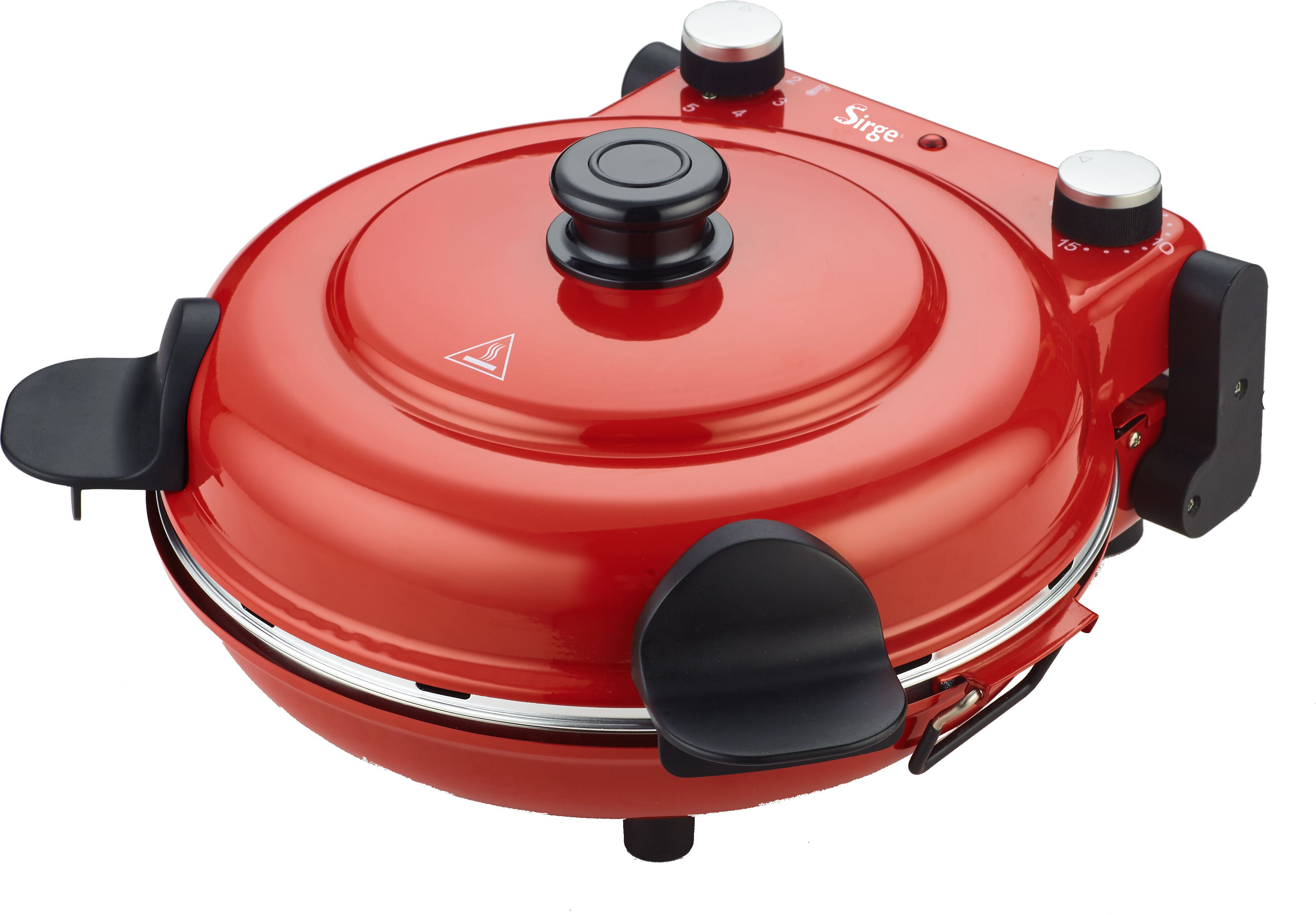 Forno per pizza rosso Sirge con manico nero e manopole argentate.