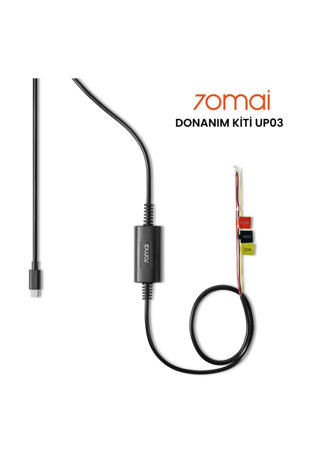 USB-C konnektörlü siyah bir kablo ve üç renkli kabloya sahip başka bir kablo.