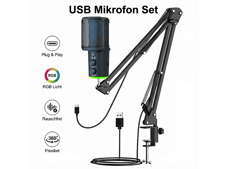 OOKURA USB-C 192kHz Kardioid Plug & Play USB Mikrofon Schwarz