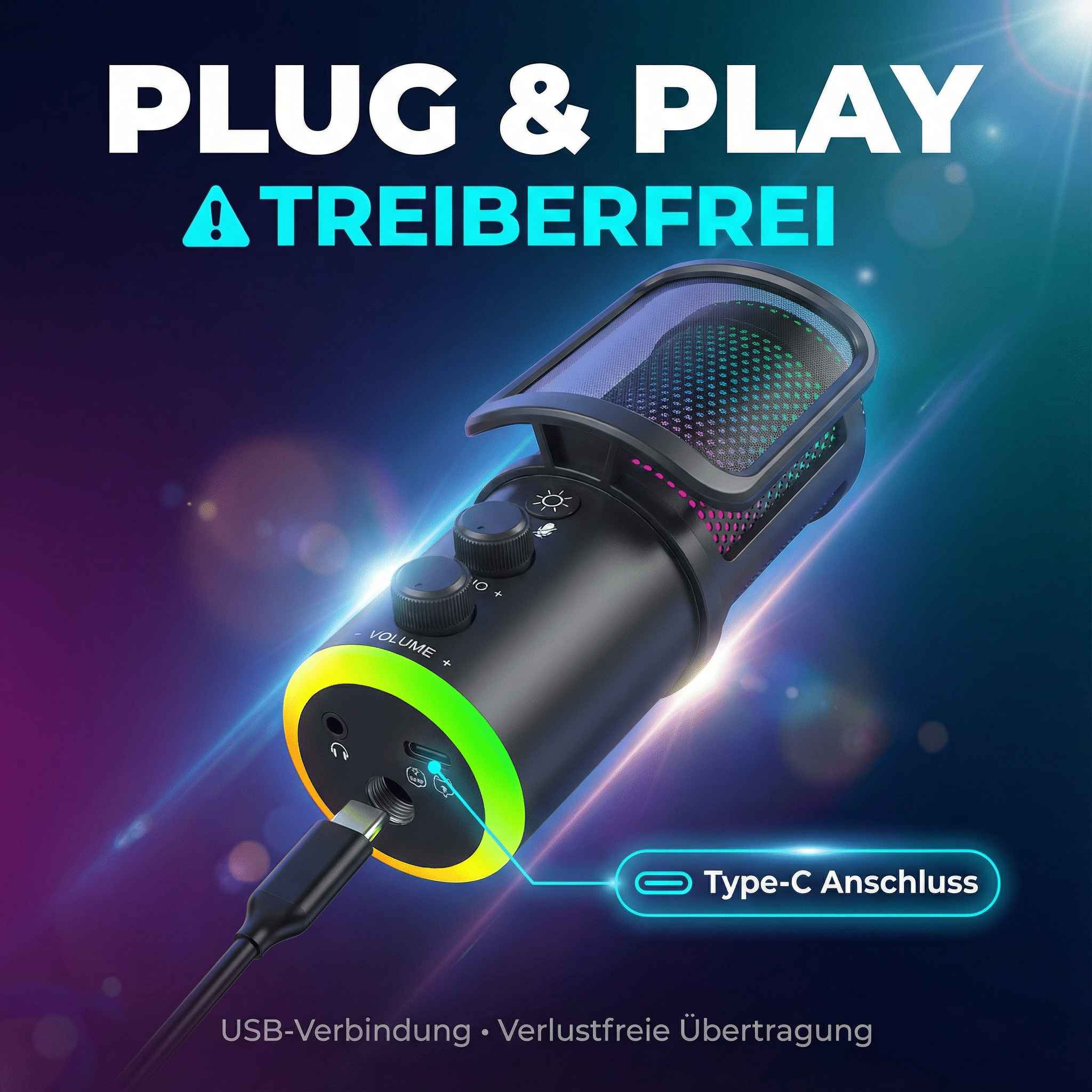 Ein schwarzes Mikrofon mit RGB-Beleuchtung und USB-C-Anschluss.