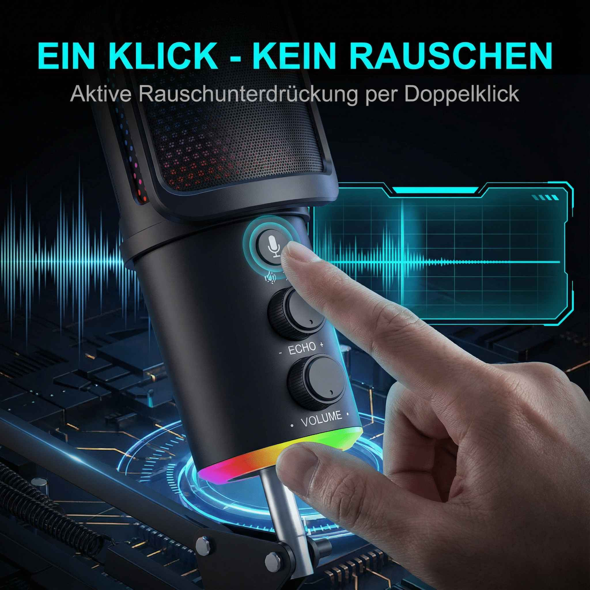 Ein Finger drückt auf einen Mikrofontaster eines schwarzen Mikrofons mit RGB-Beleuchtung.
