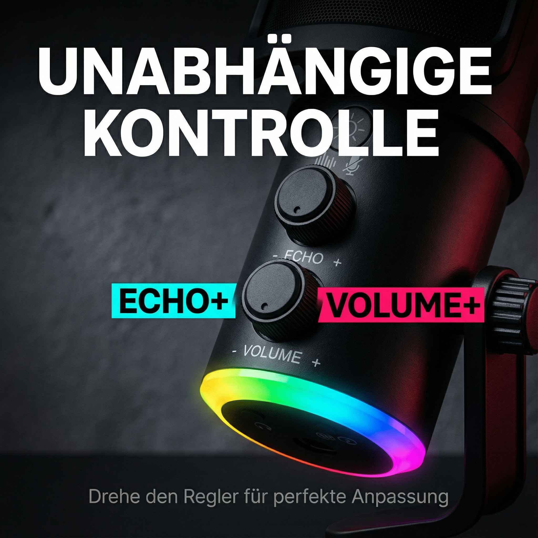 Schwarzes Mikrofon mit RGB-Beleuchtung, Echo- und Lautstärkereglern.
