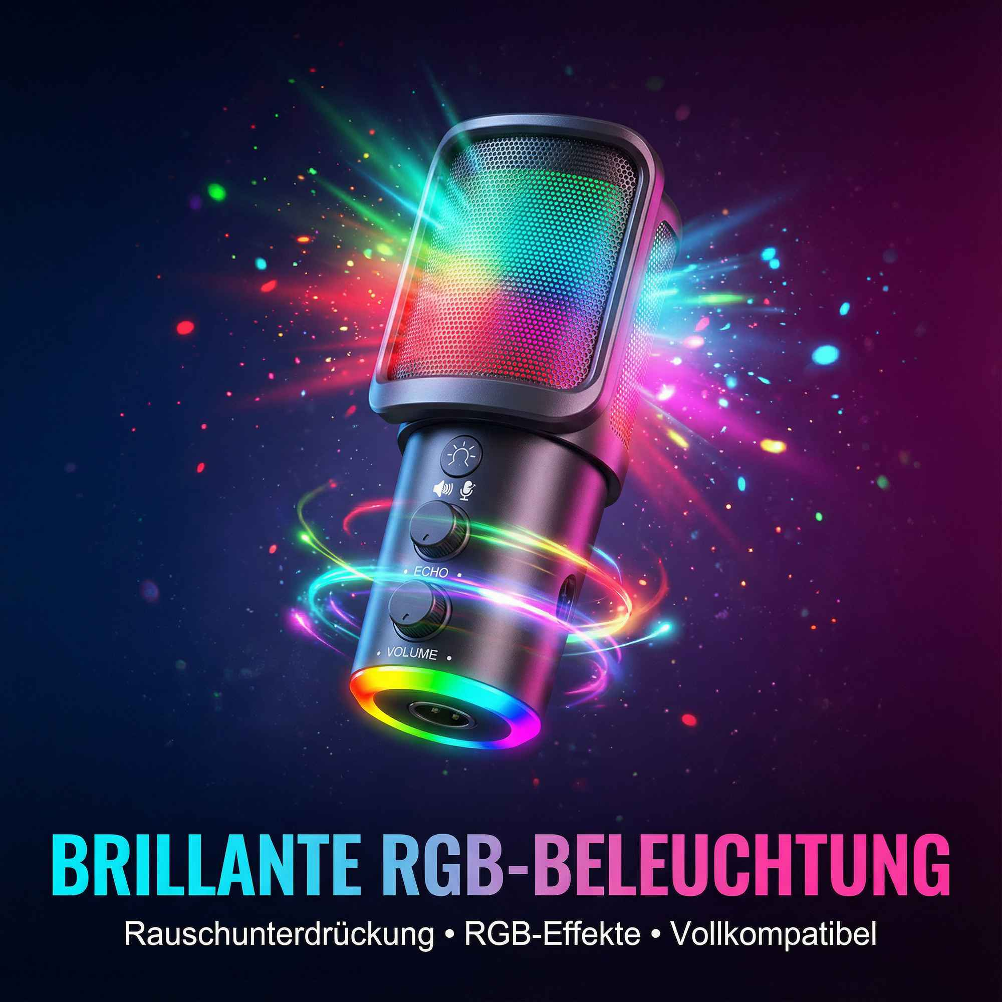 Ein Mikrofon mit bunter RGB-Beleuchtung und Bedienelementen.