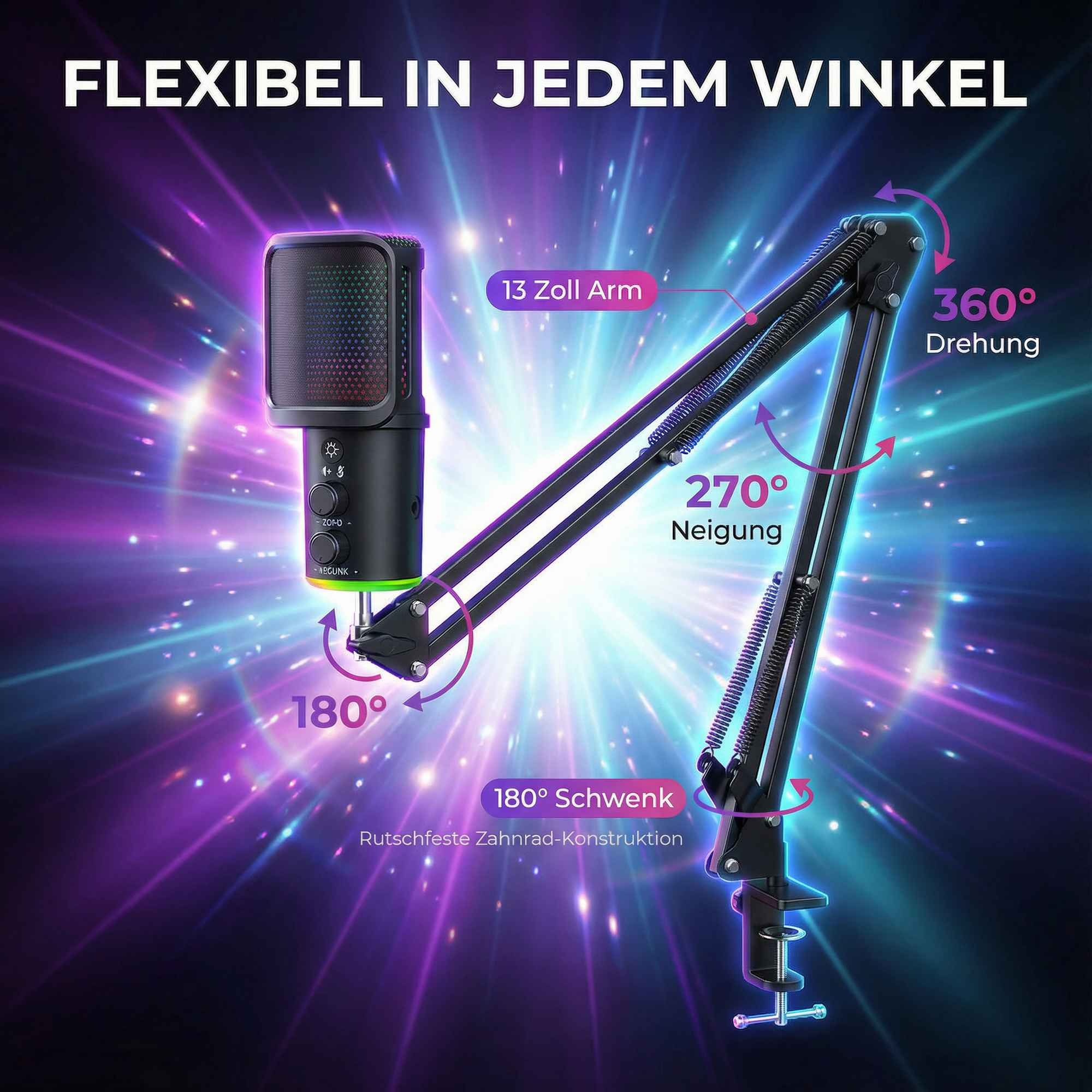 Ein Mikrofon an einem flexiblen Arm mit Winkelangaben.