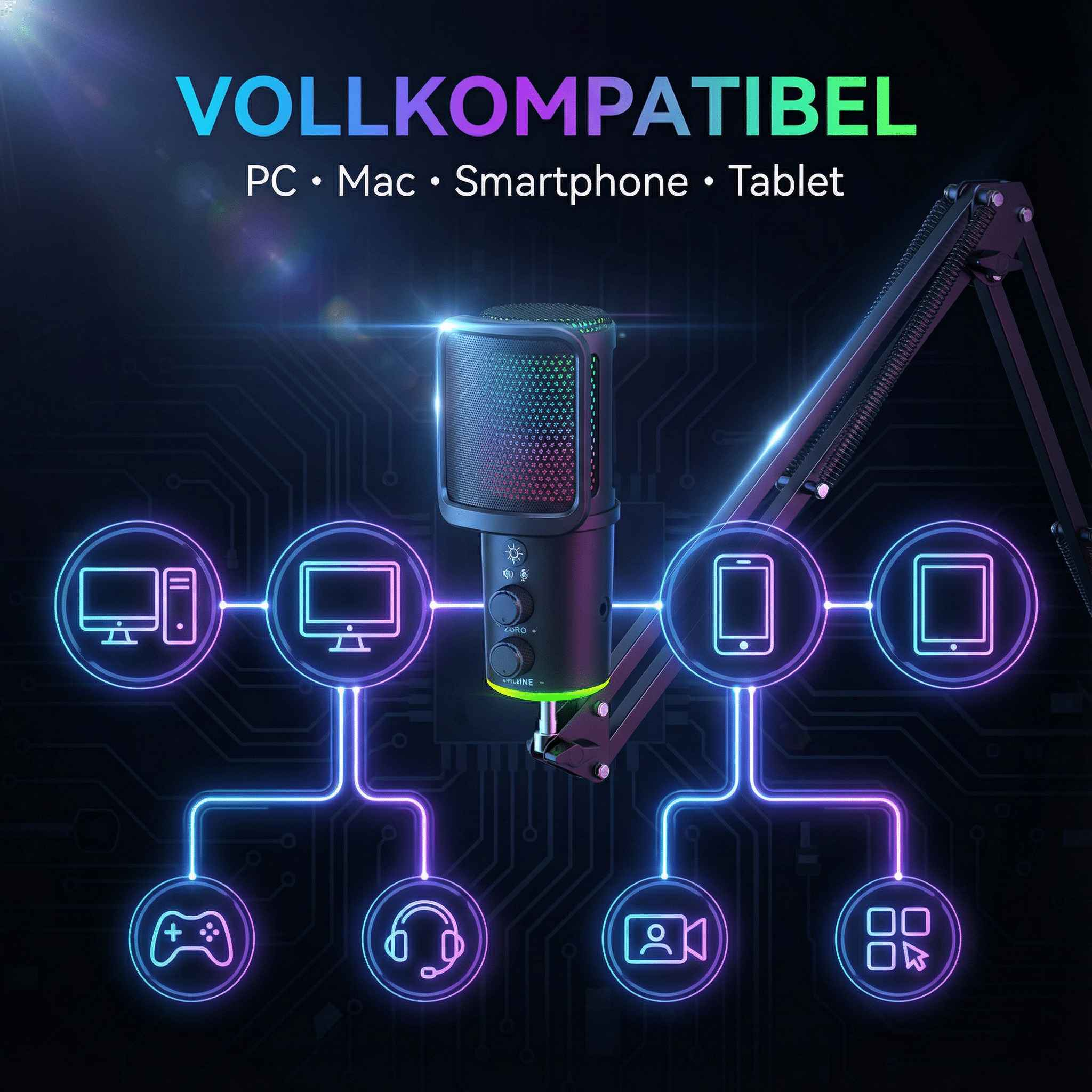 Ein Mikrofon mit RGB-Beleuchtung ist mit verschiedenen Geräten verbunden.