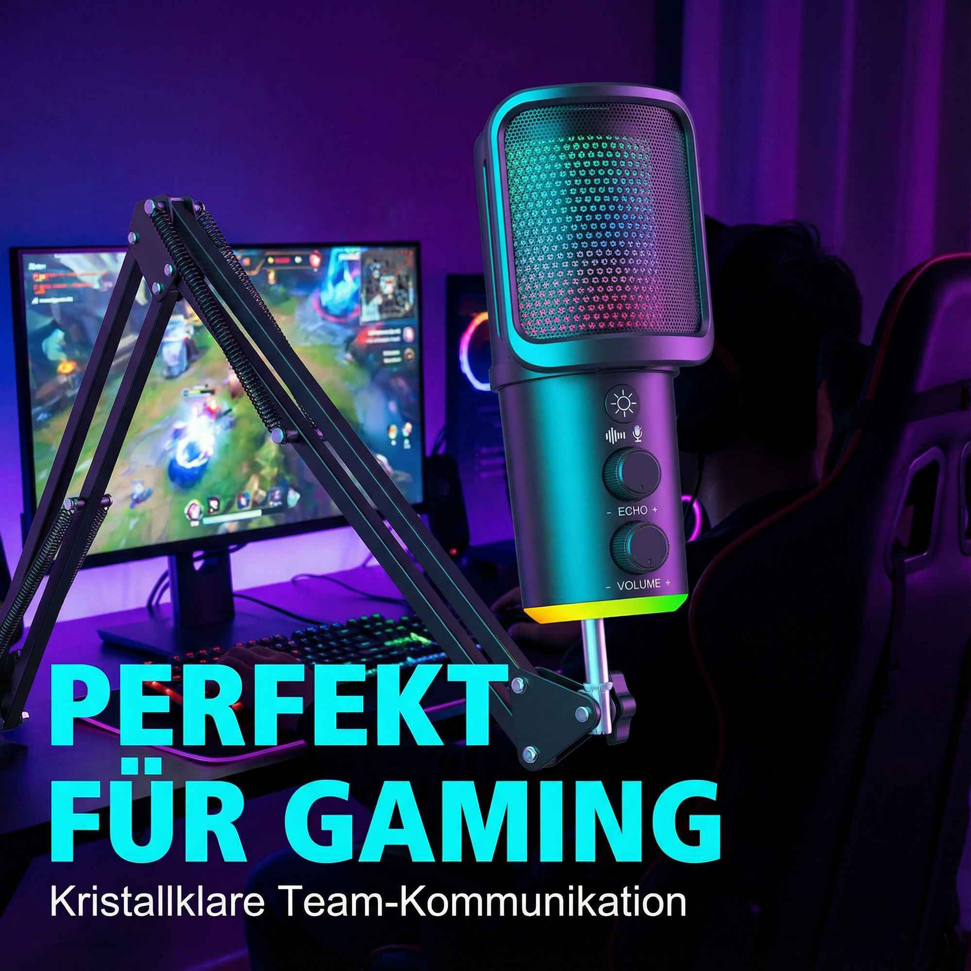 Ein Gaming-Setup mit Mikrofon, Monitor und Tastatur, beleuchtet mit RGB-Licht.