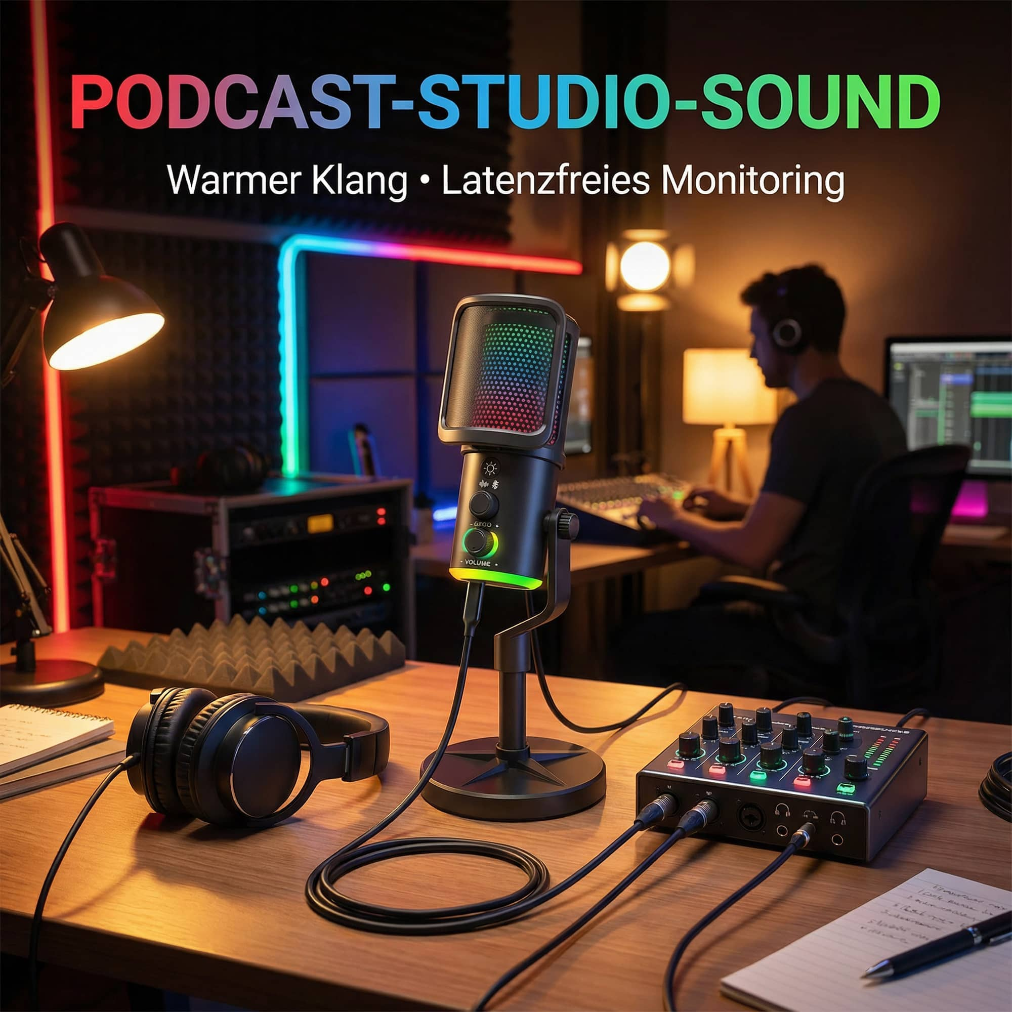 Ein Mikrofon, Kopfhörer und Mischpult auf einem Schreibtisch im Aufnahmestudio.