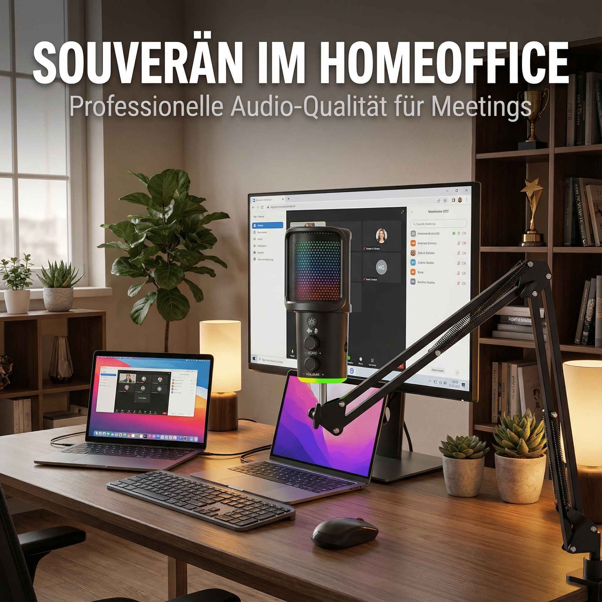 Ein Schreibtisch mit Laptops, Monitor, Mikrofon und Pflanzen, bereit für Homeoffice-Meetings.