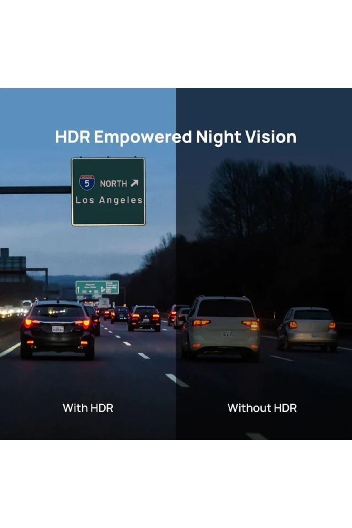 Nachtfahrt mit und ohne HDR: Links mit Schild '5 NORTH Los Angeles', rechts dunkel.