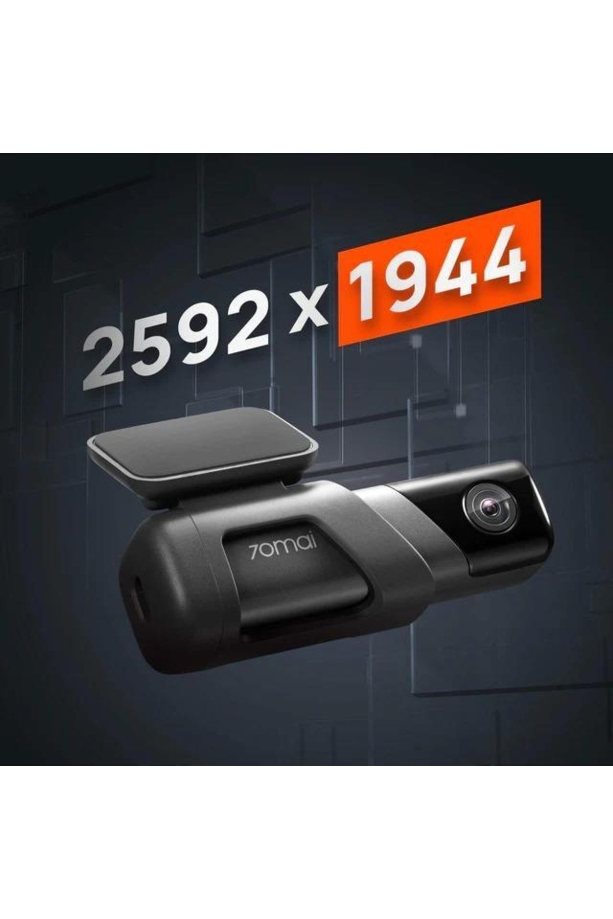 Ein schwarzer 70mai Dashcam mit orangenem Text, der 2592 x 1944 anzeigt.