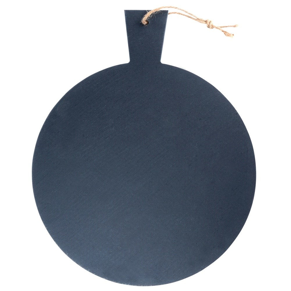 Tabla de cortar redonda gris oscuro con asa y cordel para colgar.