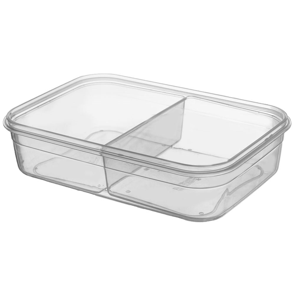 Un recipiente transparente de plástico con dos compartimentos.