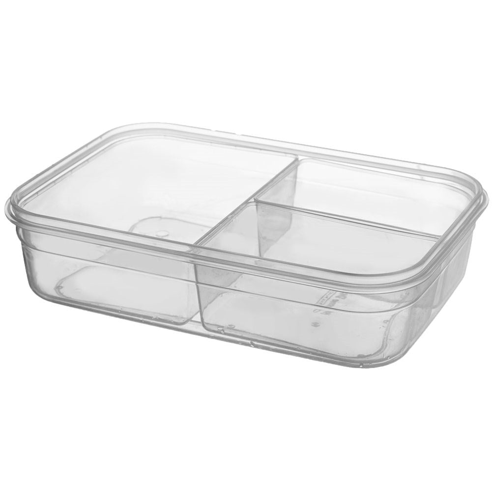Un recipiente de plástico transparente con tres compartimentos y tapa.