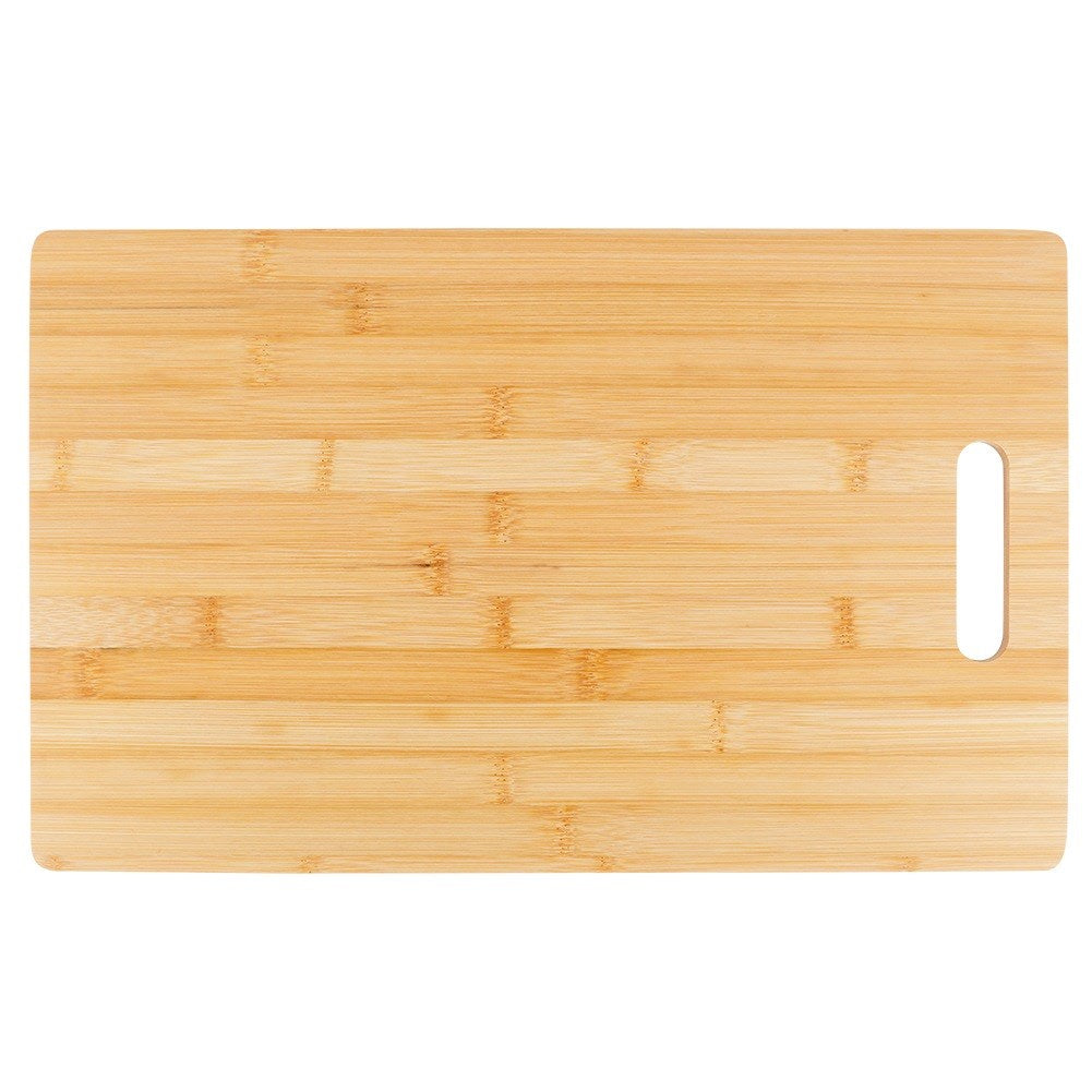 Tabla de cortar rectangular de bambú con agujero para colgar.