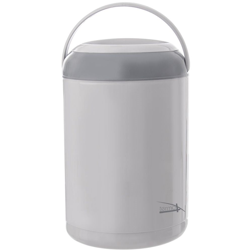 Un termo blanco con tapa y asa grises, sobre fondo blanco.
