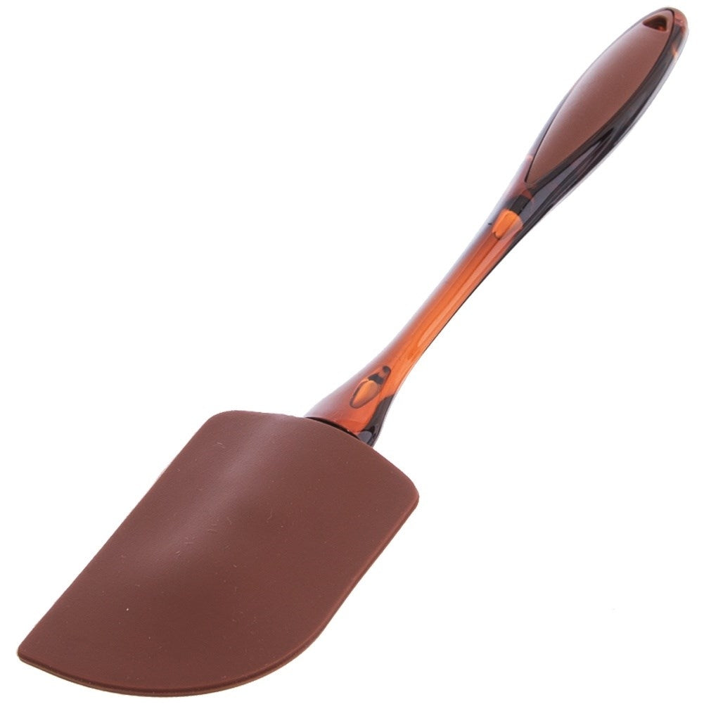 Espátula de silicona marrón con mango transparente ámbar.