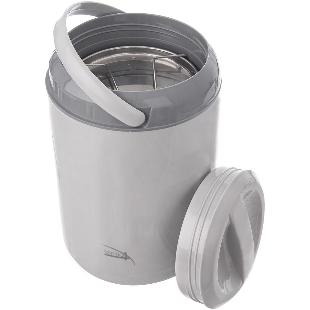 Contenedor térmico gris con asa y tapa separada.