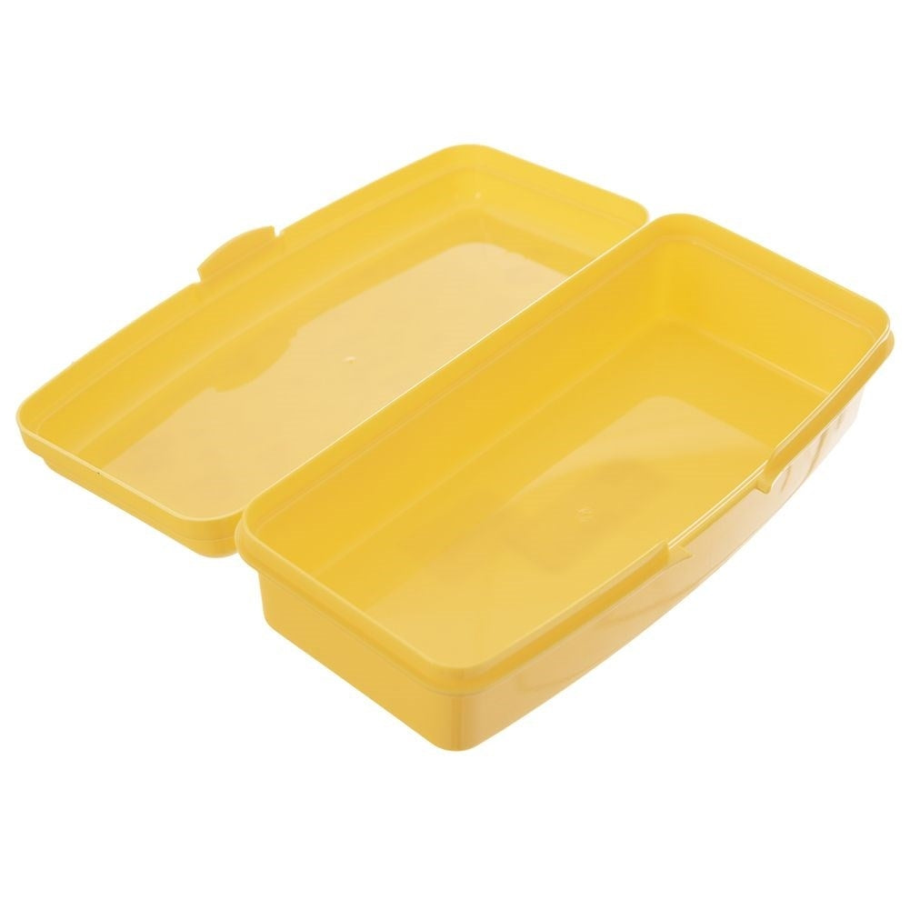 Un contenedor de plástico amarillo abierto con su tapa al lado.