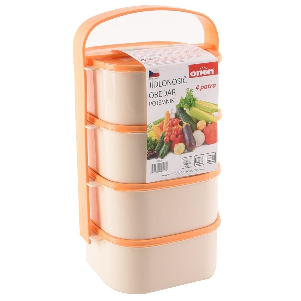 Un contenedor de varios niveles con asa, color crema con detalles naranjas.
