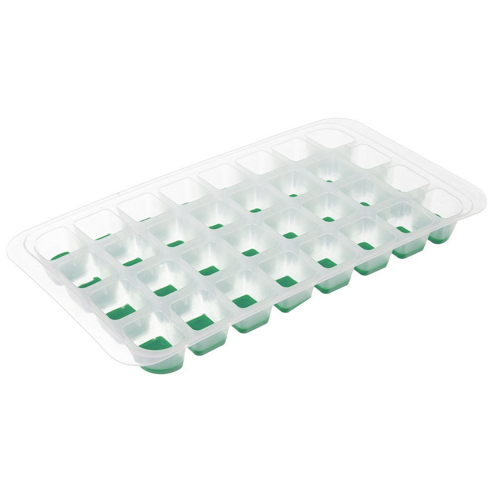 Una cubitera de plástico transparente con 30 compartimentos cuadrados y base verde.