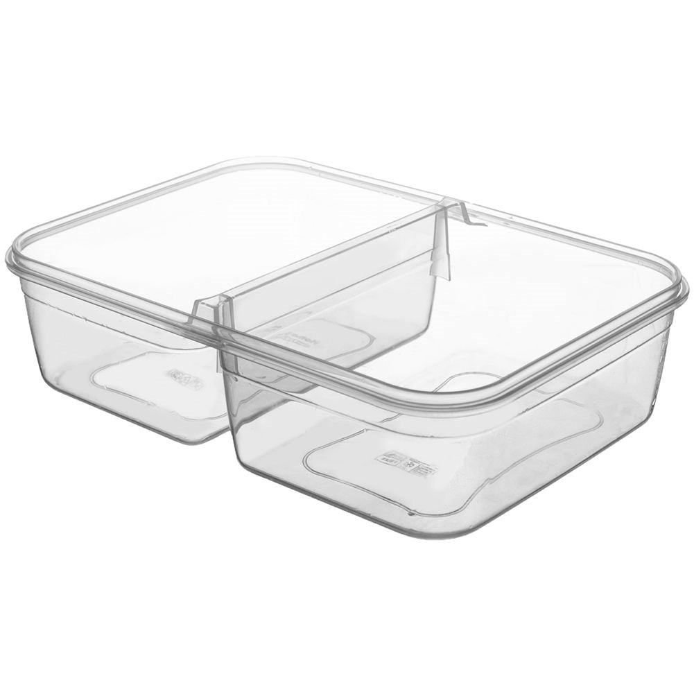 Un recipiente rectangular transparente con dos compartimentos.