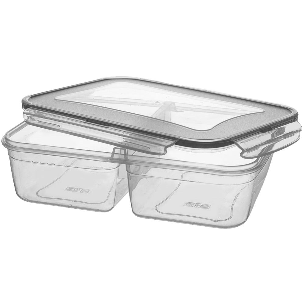 Un recipiente rectangular transparente con dos compartimentos y tapa gris.