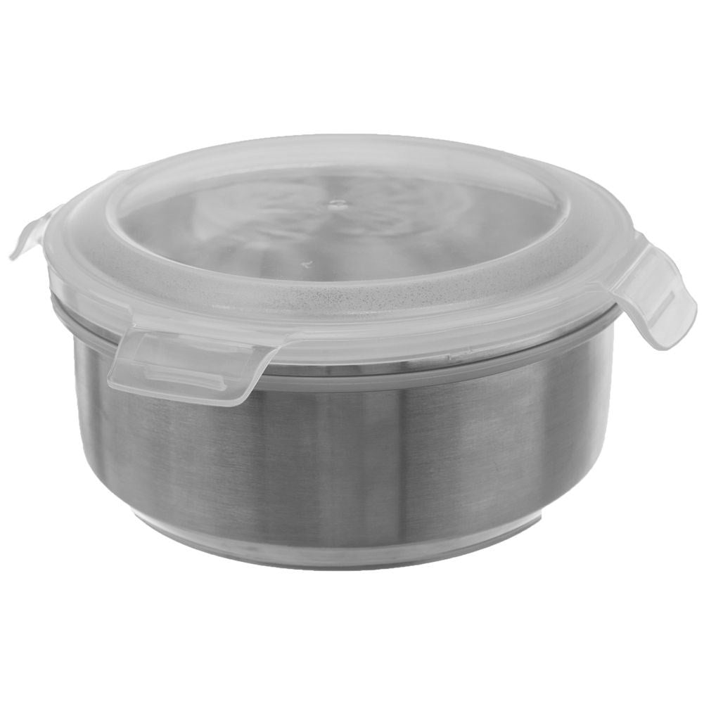 Un recipiente redondo de metal con tapa transparente y cierres.