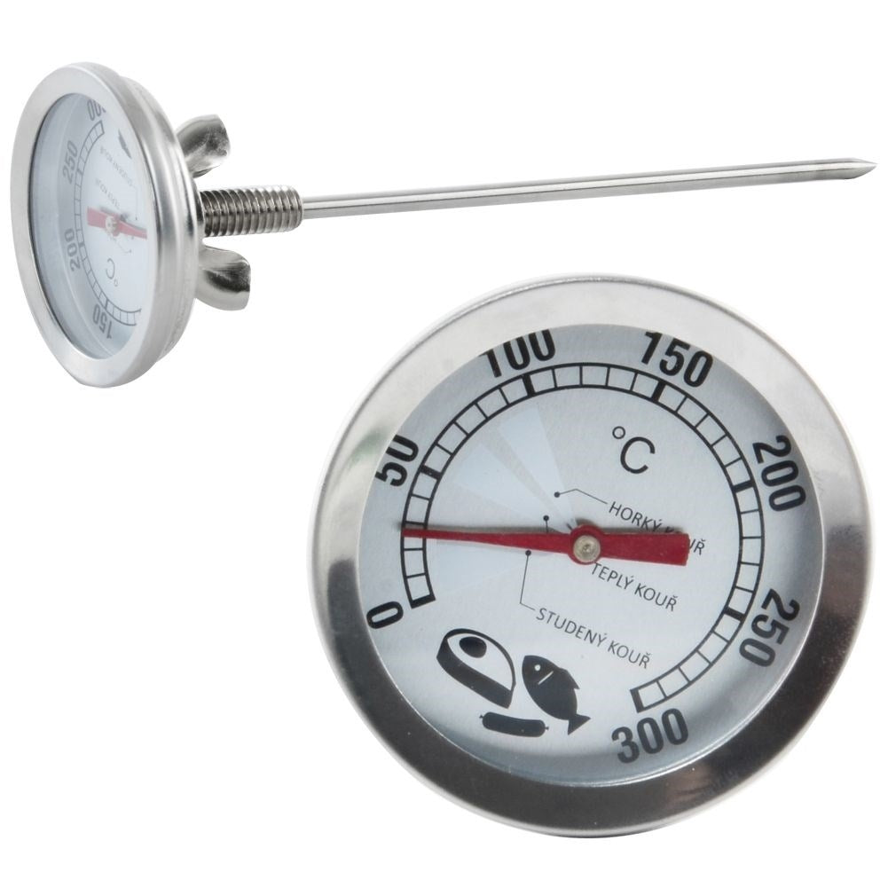 Un termómetro de carne metálico con escala de 0-300°C y puntero rojo.