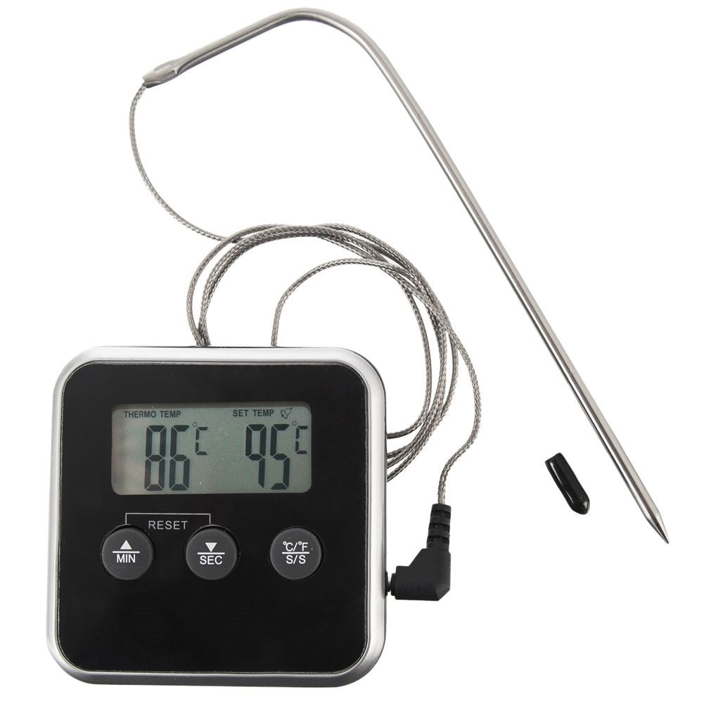 Termómetro digital con pantalla LCD, sondas y cables de acero inoxidable.