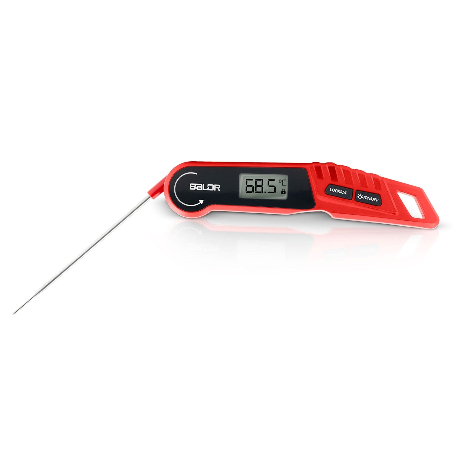Termómetro digital rojo para carne con sonda metálica larga y pantalla LCD.